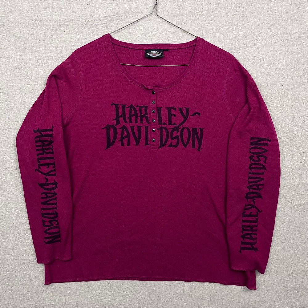 Harley Davidson Womens Long Sleeve Thermal‎ Henley Shirt Magenta Graphic Print
